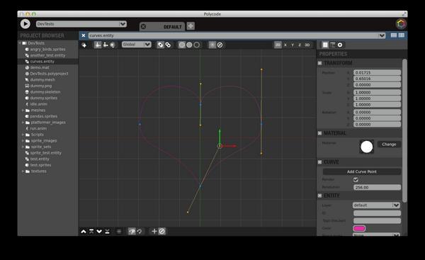 Polycode's tweet image. Added bezier curve editing to the entity editor for animation paths and curve rendering in 2D and 3D.