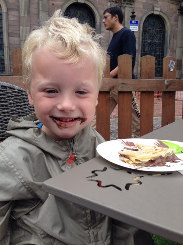 Placey80's tweet image. Chocolate pancake before dinner! Don&apos;t tell mum. #boyscode lads day out in #mcr