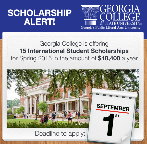 StudyGeorgia's tweet image. #GeorgiaCollege offering 15 International Student #Scholarships for Spring 2015($18,400/yr.). tinyurl.com/yg6owke