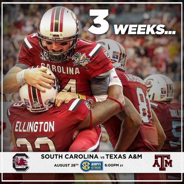 GamecockFB's tweet photo. 3 more weeks until kickoff!! #HereSC #Gamecocks http://t.co/0M3ip9Rkrb