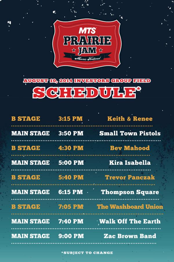 prairiejam2014's tweet photo. Schedule has been released! Visit prairiejam.ca for more information about this Sunday's event! #MTSPrairieJam http://t.co/4XAlPrHh5T