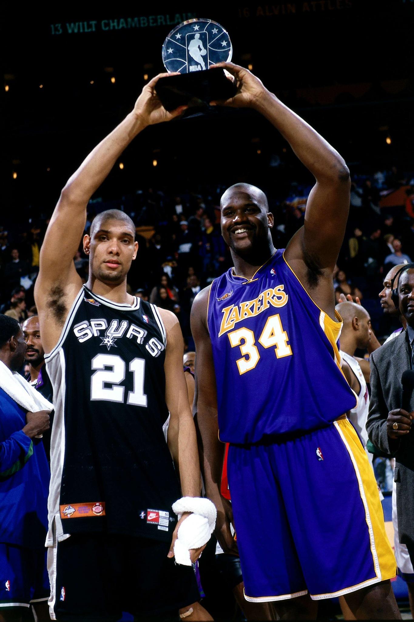 NBAAllStar on X: #TBTTim Duncan and @SHAQ share the trophy as co-MVPs  of the 2000 #NBAAllStar game.  / X