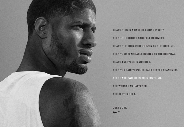 JayBilas's tweet photo. Very cool Nike ad honoring Paul George. A setback is just a set up for a comeback. #PaulGeorgeTough http://t.co/lJjVNIY0I1