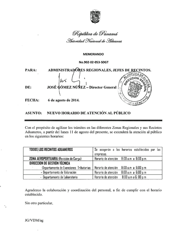 Nuevo Horario de Atención al Público en la Autoridad Nacional de Aduanas.