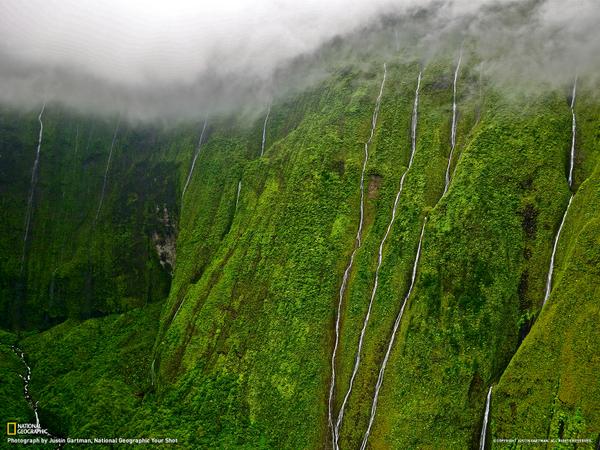 NatGeoTravel's tweet photo. Thin waterfalls cut sharp lines into Mt. Waialeale, forming what is known as the Weeping Wall http://t.co/8N3WzTlBDN http://t.co/93BGDnXd6K