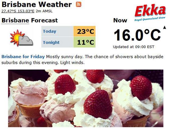 Strongguard's tweet image. A great day to start the Ekka #Brisbane #Weather #ekka2014 #icecream (courtesy of weatherzone.com.au &amp;amp; RNA)