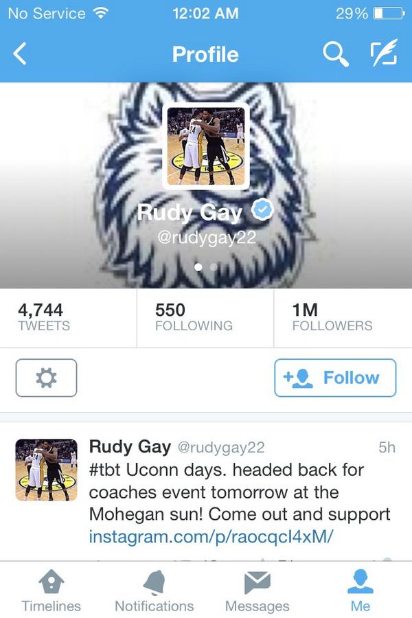 JumpmanReleases's tweet photo. @rudygay22 shows live to @Paul_George24 by changing his twitter profile pic to him and PG24 greeting #Awesome http://t.co/So0W9IFkgO
