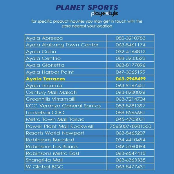 PlanetSportsPH's tweet photo. @jett_d Hi, we have in ATC Rockwell and The athlete's foot in Two Parkade BGC. attached is our directory. http://t.co/HzLjKO2QIF