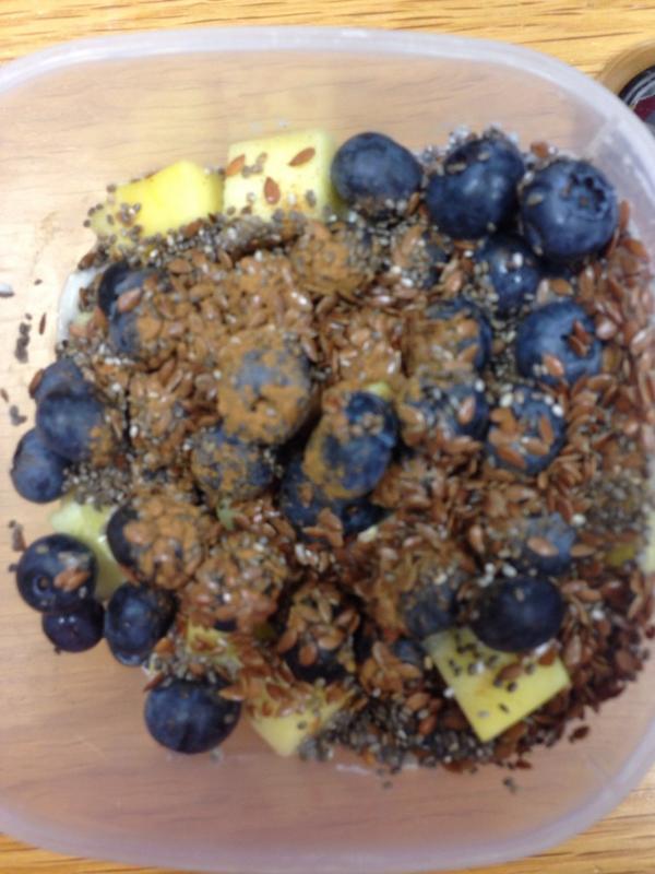 FitForLife247's tweet photo. Breakfast looks a mess but tastes great - oats, Greek yogurt, blueberry, mango, flaxseed and chia seeds http://t.co/Fk8D9pzvtS