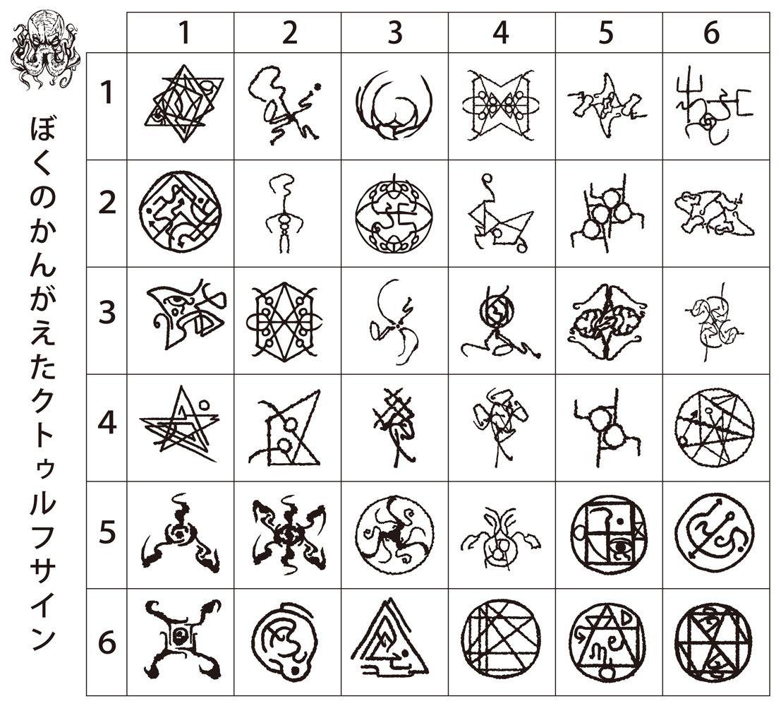 くぜ オムニ社 ぼくのかんがえたクトゥルフサイン シナリオに出てくる神格を指す印とか 魔道書の表紙とか なんかの呪文使いたい時に2d6を振って決めるといいよ Http T Co Oowea26rx1