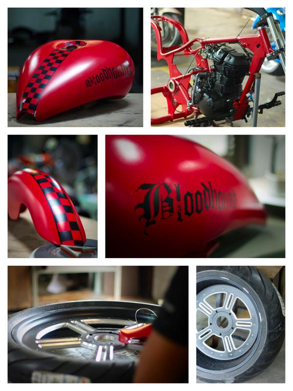 Vardenchi's tweet photo. CNC cut wheels Blood red tank fenders await final assembly on the latest 'Vardenchi Bloodhound' #motorcycles http://t.co/VGZ4wYDc2k