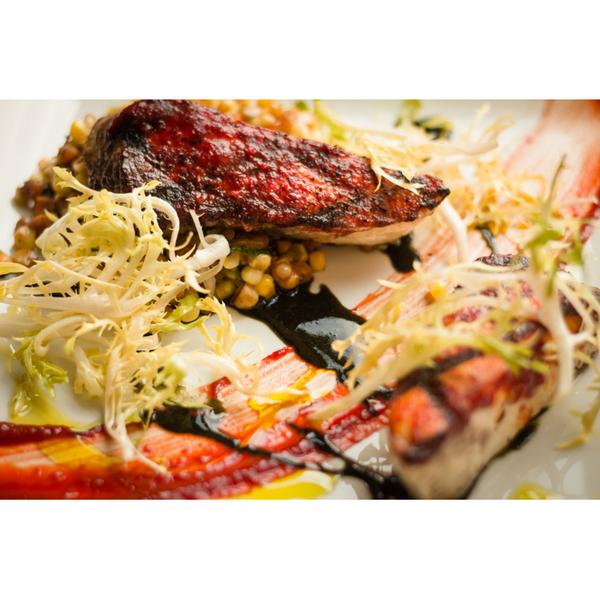 Tamaripgh's tweet image. Chef's feature: grilled hamachi with guajillo, roasted corn, &amp;amp; nori paste.