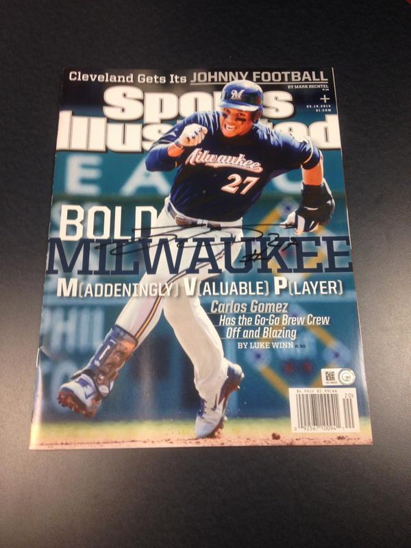 Brewers's tweet photo. If this tweet gets 2000 RTs, we'll give away this copy of @SInow signed by @C_Gomez27! #WHIFF http://t.co/EPRrT82Ezb
