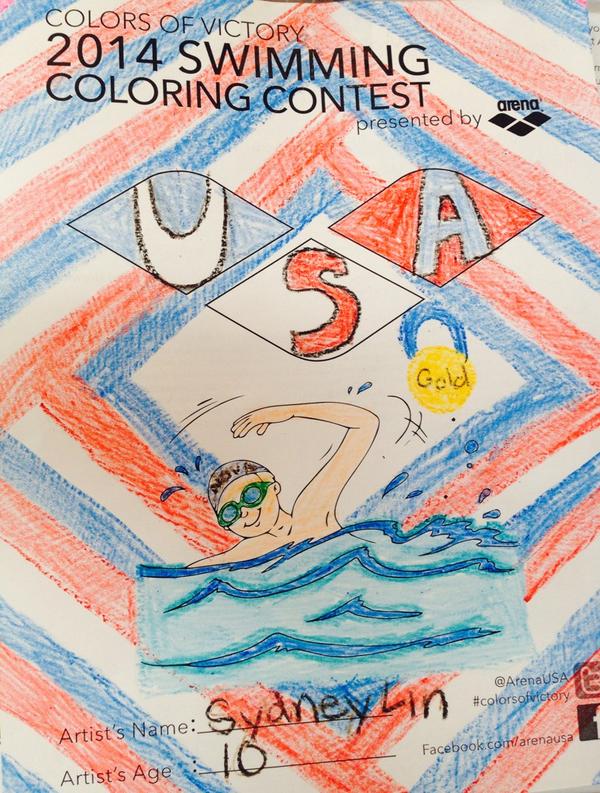 arenaUSA's tweet photo. Congrats to 10yr old swim fan and artist Sydney! Day 2 #colorsofvictory coloring contest winner at #Phillips66Nats http://t.co/3MgpaOpKNf