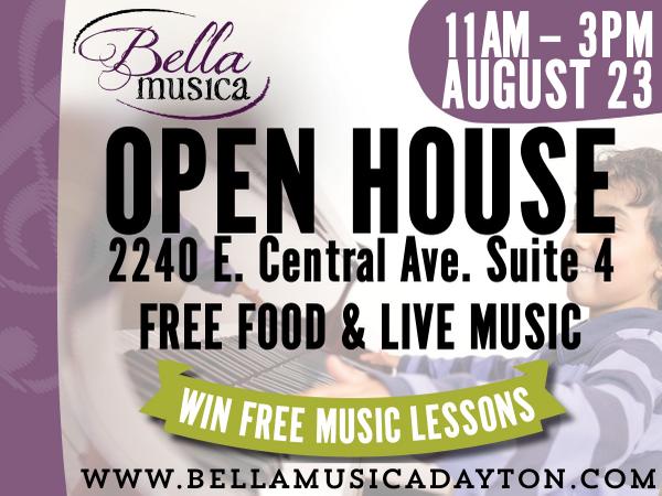 Visit our #openhouse Aug 23 & meet our #musicinstructors #Freefood #livemusic #daytonsummer #Miamisburg #BellaMusica