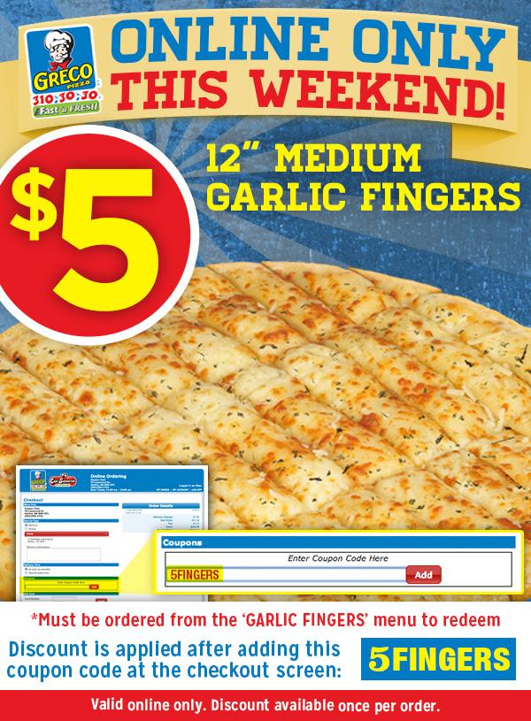 Greco_Pizza's tweet photo. This weekend's online exclusive deal: 12" Garlic Fingers for just $5 +tax: http://t.co/faaZL3Tquo http://t.co/vIMOxjTyy5