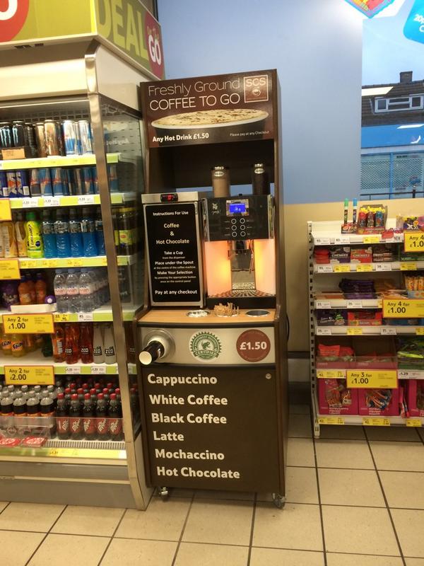 Our new coffee machine installed yesterday. £1.50 per cup and for a limited time only get a free cookie to go with it