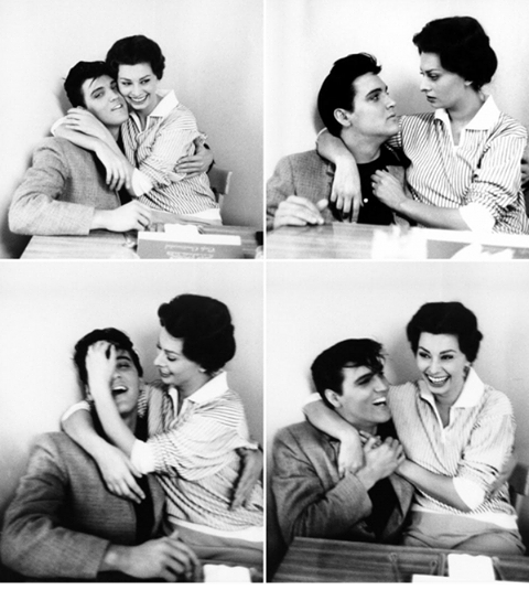 HistoryInPics's tweet photo. Elvis Presley and Sophia Loren, 1958 
(By Bob Willoughby) http://t.co/zut0Qox7oj