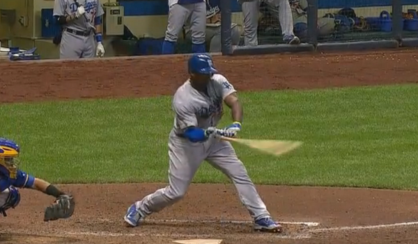 BleacherReport's tweet photo. VIDEO: Yasiel Puig amazingly breaks his bat on a check swing that never touches the ball http://t.co/dDsUXpFJ8k http://t.co/2a8zfy1F9E