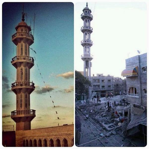The Israeli air forces destroyed this mosque over night with other 3 abd several houses. #GazaUnderAttack