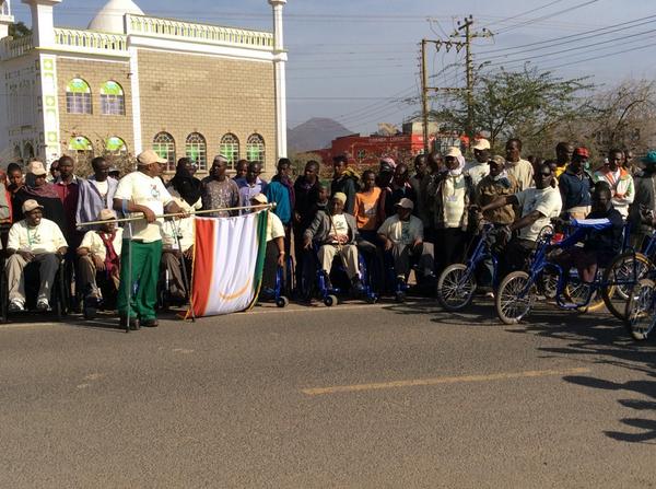 CBMKenya's tweet photo. Dr David Ole Sankok,Chairman #ncpwd flags off the #wheelrace2014 http://t.co/6vJuTyf1Ya