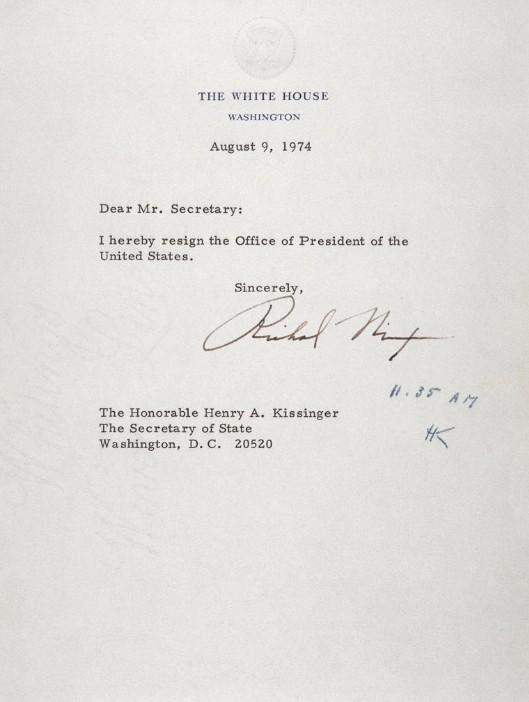 TroyBramston's tweet photo. Richard Nixon's resignation letter to Henry Kissinger, initialed at 11:35am #OnThisDay 1974 #NixonResignation http://t.co/Y1sQ3AVlwb