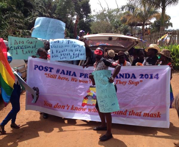 MalcolmWebb's tweet photo. #Uganda gay pride march, following last week's nullification of Anti-Homosexuality Act #AHA. Masks to hide identities http://t.co/ewcME2etaL