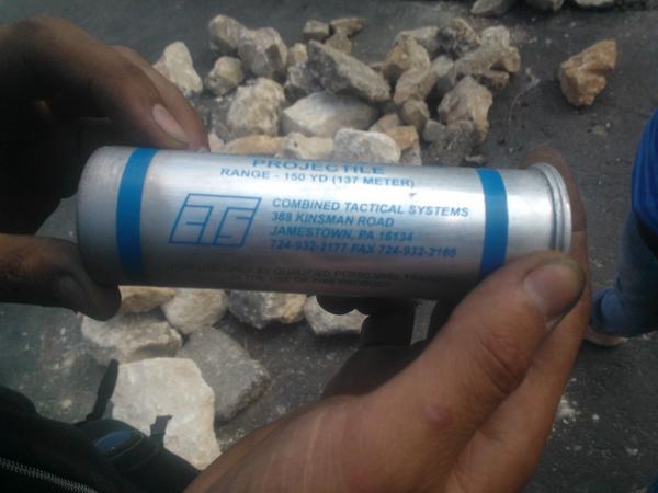 Made in USA teargas canister was shot at us a few days ago in #Palestine by Israel, now they are used in #Ferguson.