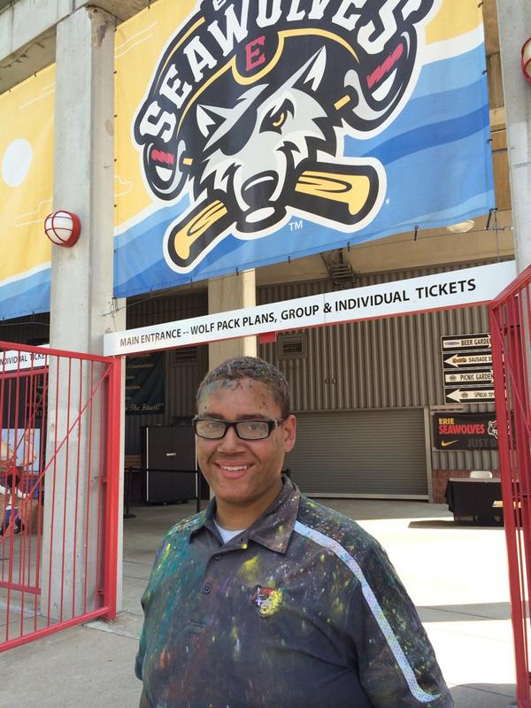SeaWolvesGM's tweet photo. The @erie_seawolves staff is dedicated. Here's @stevena27675329 after handing out flyers @TheColorRun in #EriePA http://t.co/VQlFxg4daS