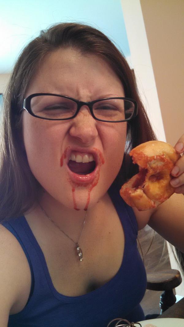 another_OJ's tweet photo. Did I devour that entire blood-soaked donut? ...yes. (Why waste a perfectly good donut!!) http://t.co/YrMejvJKd8