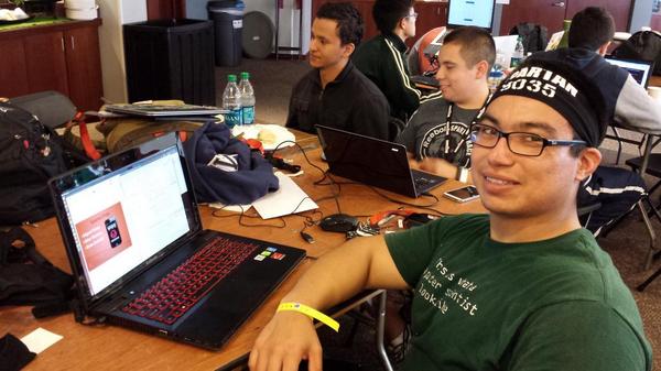 csinthree's tweet image. "This is what a computer scientist looks like" -- @BodhiDweller showing off his Android app and presentation  #HackFit