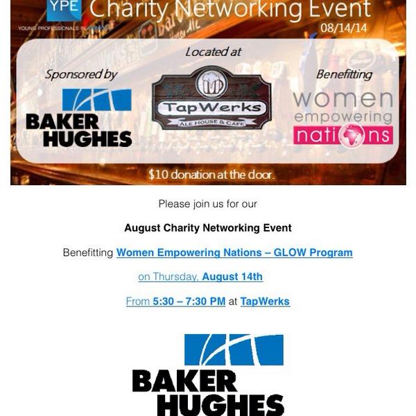 YPE_OKC_Chapter's tweet photo. See you on Thurs for our Aug. Charity Event! $10 req'd, 5:30-7:30, at TapWerks! Sponsored by Baker Hughes http://t.co/71mxFFbU9P