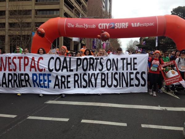 AYCC's tweet photo. Hey @Westpac, coal ports on the Reef are risky business, protect the Reef #riskingthereef @City2Surf http://t.co/qi6s6lecGy