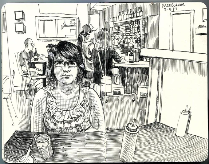 Sketched my wife this evening at the Highlands location. We like the burgers. @ParkBurger 