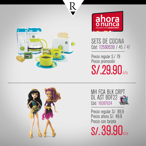 RipleyenPeru's tweet photo. Hoy y mañana los descuentos en Sets de Cocina y Monsters High. http://t.co/1SSosDkPWK