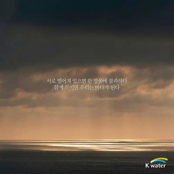 서로 떨어져 있으면 한 방울에 불과하다.
 함께 모이면 우리는 바다가 된다.
 
- 류노스케 사토로