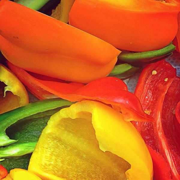 Cut and prepped peppers ready to be grilled for the grilled veggies!