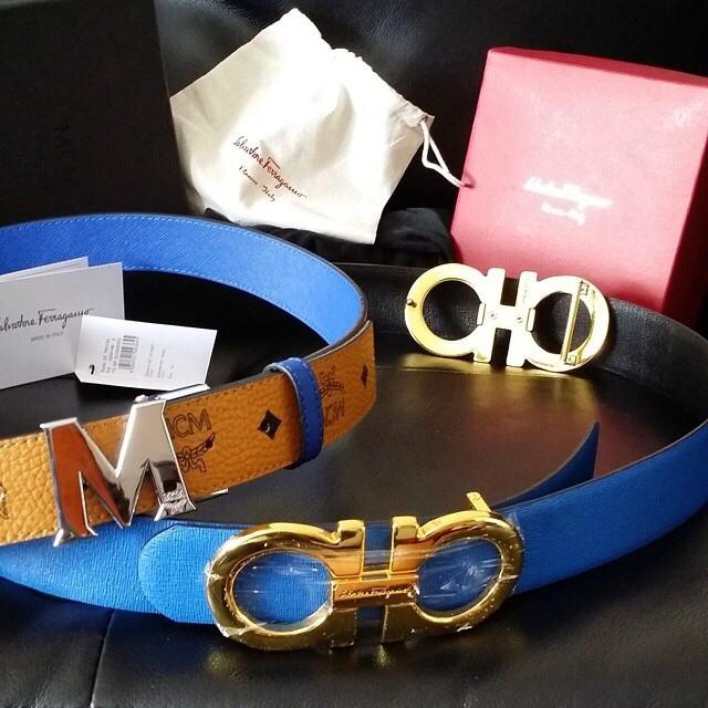 Dáoughpe Boutique on X: MCM: Logo Belt in Blue, Ferragamo: Oversized  Double Gancio in Blue with Gold Buckle