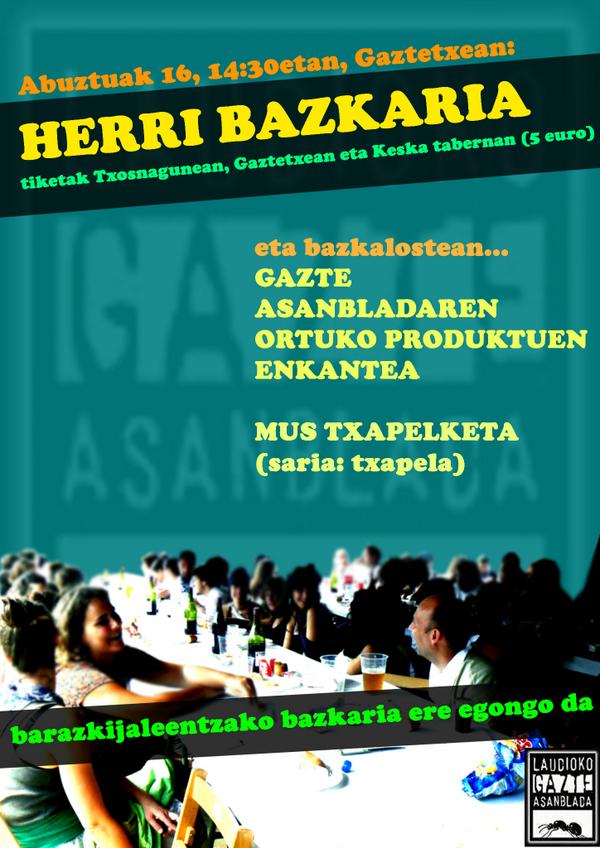 Abuztuaren 16an HERRI BAZKARIA! Zabaldu! <a href="/LaudiokoJaiakK/">Jaiak Koordinakundea</a> <a href="/aiaraldea/">Aiaraldea.eus</a> <a href="/zoroakinkurtul/">Zoroak Inkurtul T.</a> <a href="/galtzagorrikt/">Galtzagorri Kultur Taldea</a> <a href="/patrizioaK/">Patrizio Aberasturi</a>