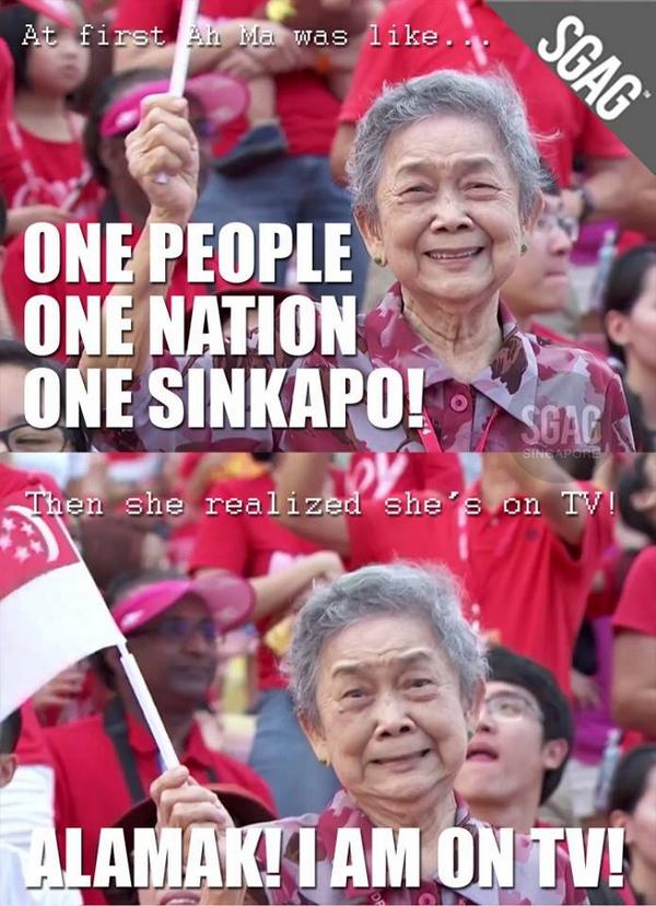 SGAG_SG's tweet photo. Ah Ma was not really impressed when she got sniped by the MediaCorp TV crew #ndp2014 #sg49 http://t.co/raVxUQdaFW