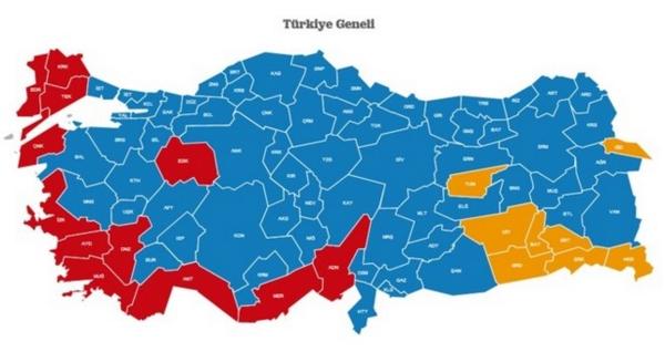 Cumhurbaşkanlığı seçimlerinin ilk sonuç haritası: Mavi renk Erdoğan, kırmızı renk İhsanoğlu ve sarı renk Demirtaş