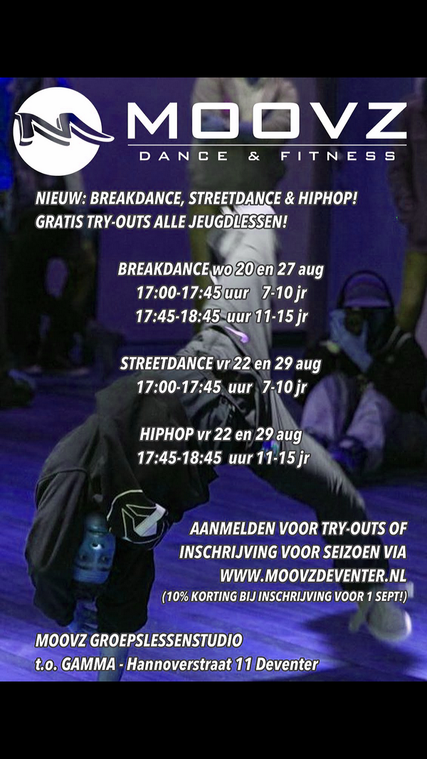 moovzdeventer's tweet photo. Op zoek naar leuke &amp; stoere danslessen voor je kind? 20 t/m 29 aug gratis Try-outs Streetdance, Hiphop &amp; Breakdance! http://t.co/CPcfDL0W0h