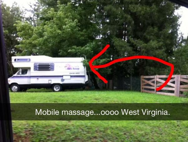 AbbeySaurus's tweet photo. Come into my camper and let me rub you down! #mobilemassage #creepycamper #westvirginiaproblems http://t.co/IjKLmtXnkA