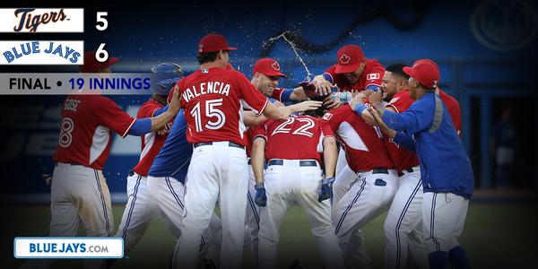 BlueJays's tweet photo. RECAP: @JoeyBats19 hits #walkoff single as @BlueJays top Tigers in 19 innings. http://t.co/EZl365o9HH http://t.co/myMau3xqmw