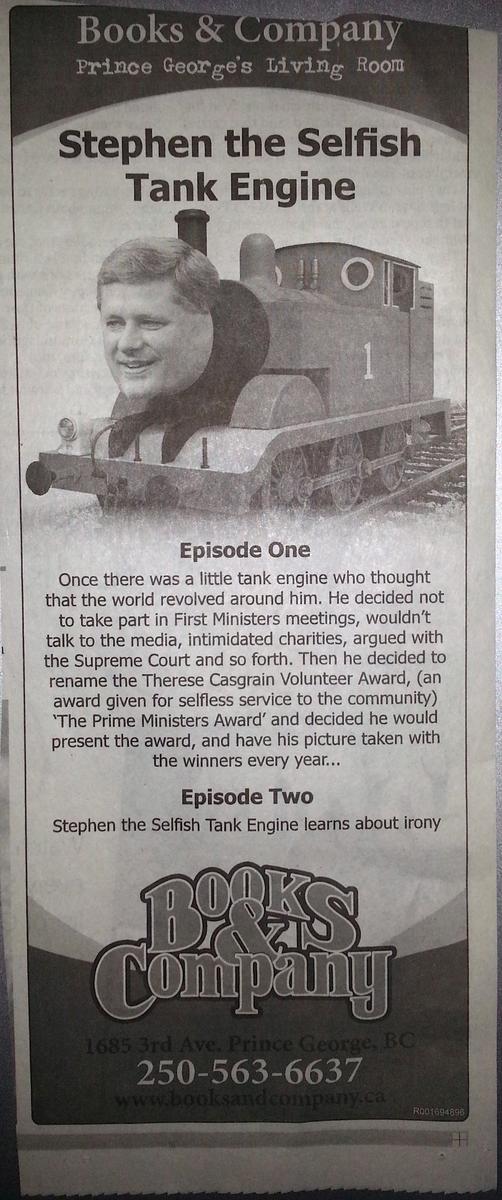 (2/2) Prince George’s Books &amp; Co’s take on @PMHarper in Aug 7 advert in the city's paper