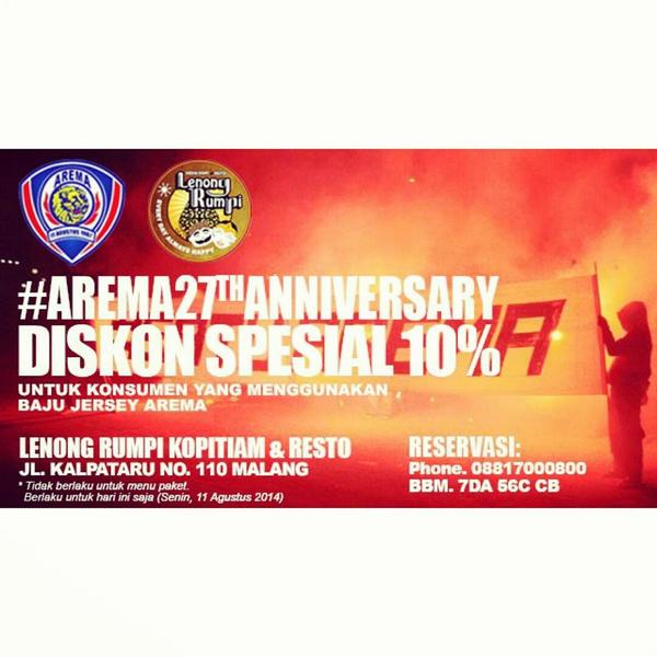 #27NuhatArema let's celebrate with us <a href="/lenongrumpiRI/">LENONGRUMPI KOPITOWN</a> <a href="/we_aremania/">wearemania</a> <a href="/aremafc_com/">Arema FC</a> <a href="/AremaBrawijaya/">#135🥀</a> <a href="/Kabar_Arema/">Kabar Arema</a>