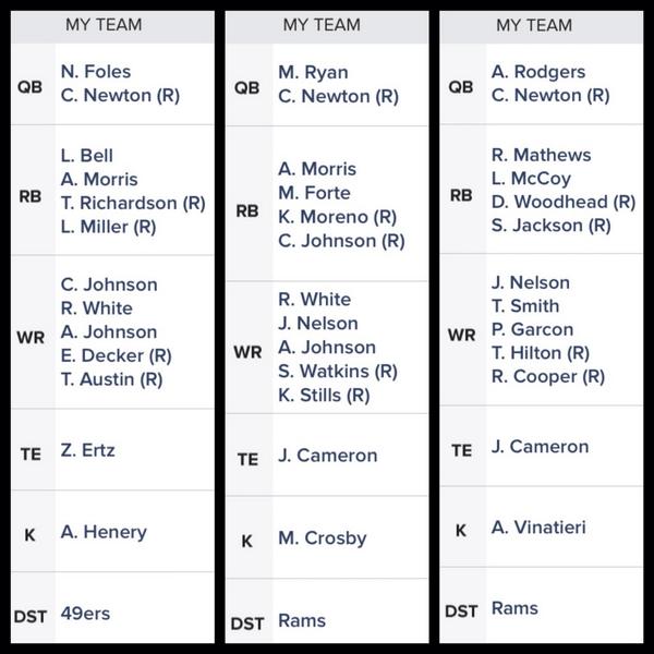 Three mock drafts in the books. Don't particularly love any of them. Got work to do before the money league drafts.