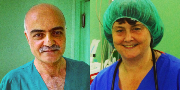 bbc5live's tweet photo. Faces of British medics in #Gaza: surgeon Dr Nafez Abu Shaaban and anesthetist Rachel Craven. http://t.co/gJWz5NQLAr http://t.co/NpzR7Lok5f