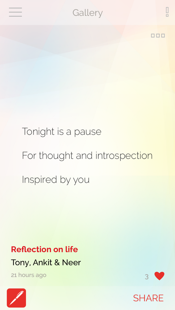 HaikuJAM's tweet photo. Tonight is a pause
For thought and introspection
Inspired by you

#ReflectionOnLife #Haiku
Tony, Ankit &amp; Neer http://t.co/fL6jUZUyAv