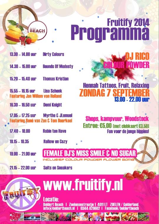 Zondag 7 sept FRUITIFY: DJ's, Singer Song Writers, Shops, Woodstock, Colour Powder! 13.00-22.00 uur <a href="/BeldertBeach/">Beldert Beach</a>